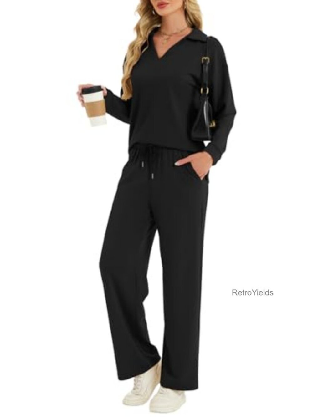Womens Two Piece Lounge Set Long Sleeve V-Neck Top Wide Leg Pants Travel Outfit